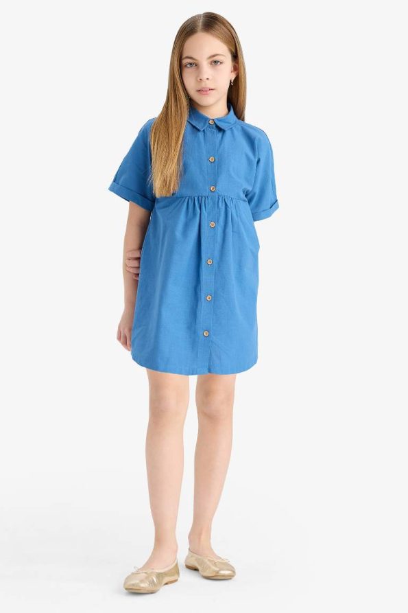 Girls' Short Sleeve Cotton Shirt Collar Summer Dress