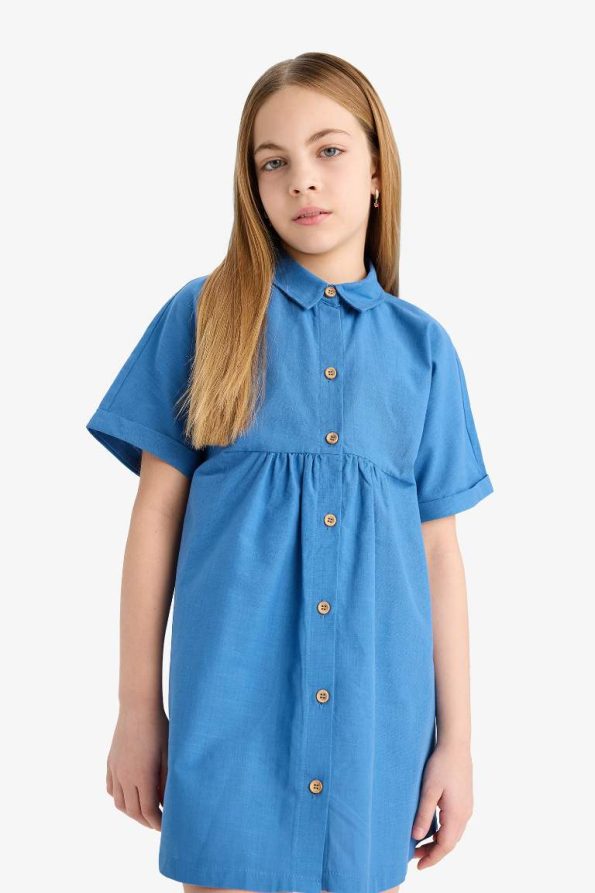 Girls' Short Sleeve Cotton Shirt Collar Summer Dress