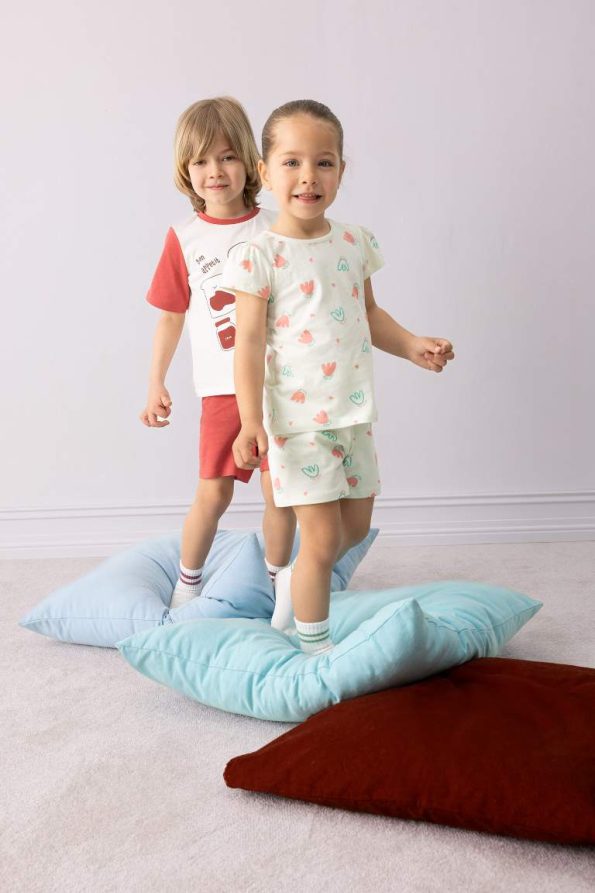 Girls' Floral Short Sleeve Pajama Set with Elastic Waist Shorts