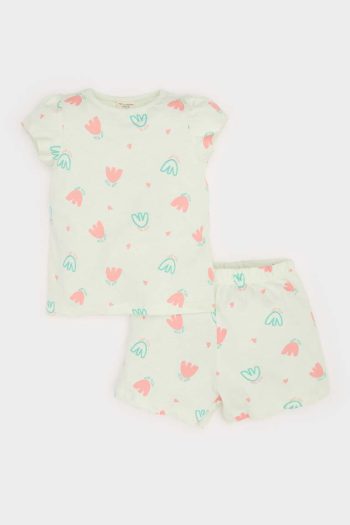 Girls' Floral Short Sleeve Pajama Set with Elastic Waist Shorts