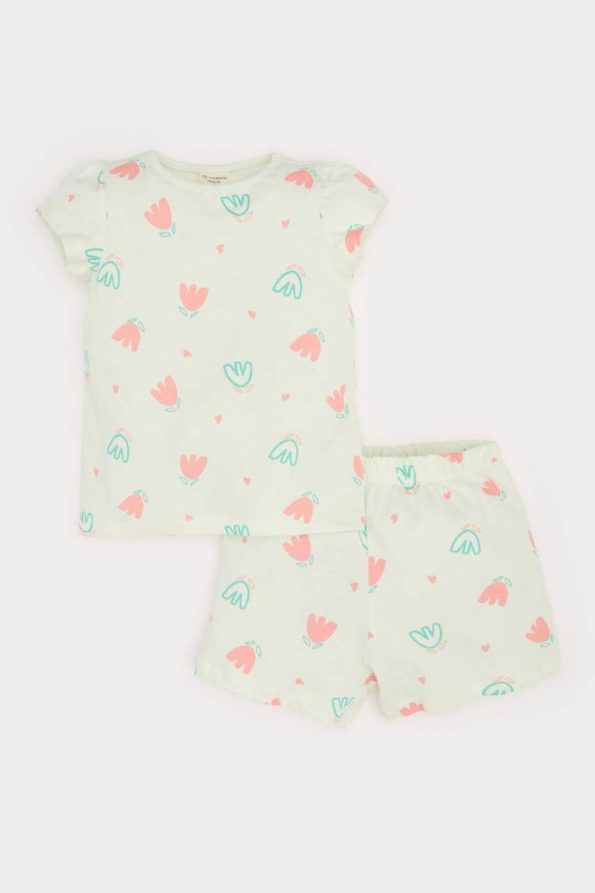 Girls' Floral Short Sleeve Pajama Set with Elastic Waist Shorts