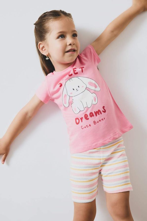 Girls' Baby Pajama Set with Printed Short Sleeve Ribbed Top and Striped Elastic Waist Shorts