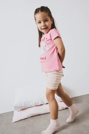 Girls' Baby Pajama Set with Printed Short Sleeve Ribbed Top and Striped Elastic Waist Shorts