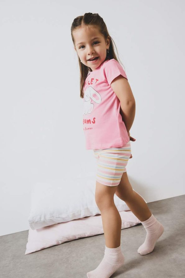 Girls' Baby Pajama Set with Printed Short Sleeve Ribbed Top and Striped Elastic Waist Shorts