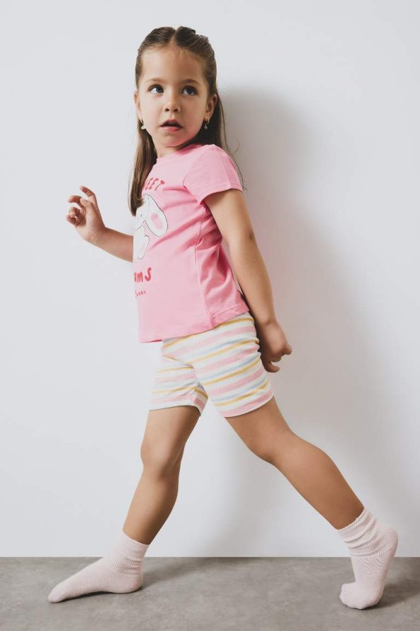 Girls' Baby Pajama Set with Printed Short Sleeve Ribbed Top and Striped Elastic Waist Shorts