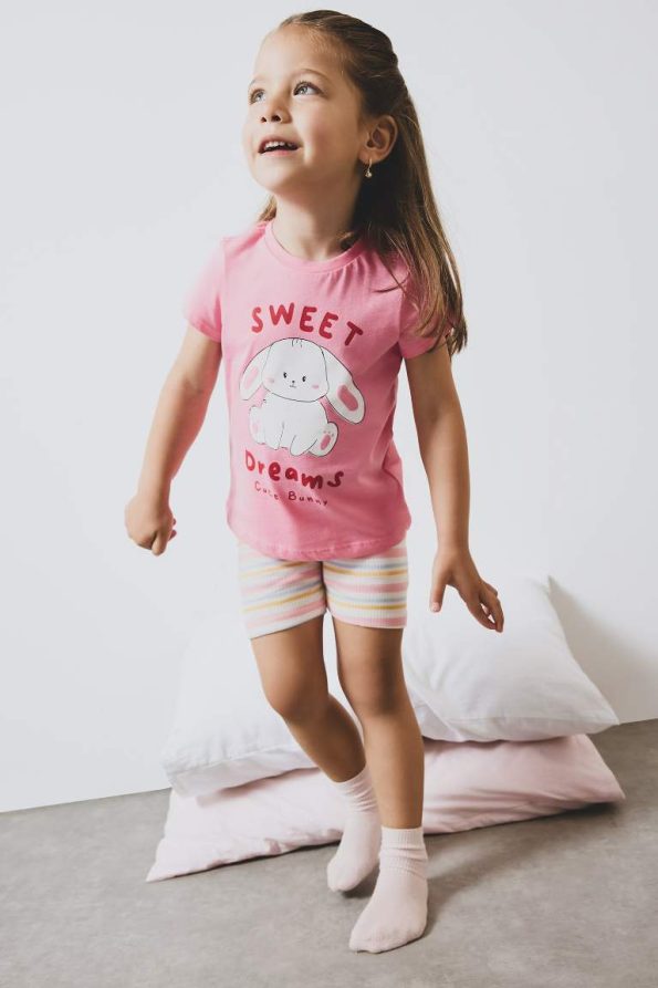 Girls' Baby Pajama Set with Printed Short Sleeve Ribbed Top and Striped Elastic Waist Shorts
