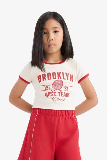 Girls' Two-Piece Set Ribbed Jersey Printed Short Sleeve T-Shirt and Elastic Waist Shorts