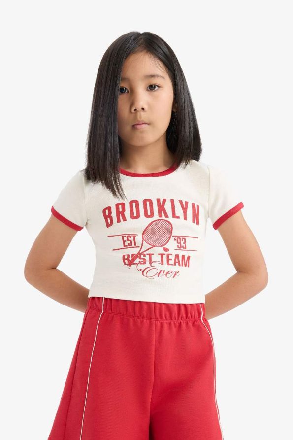 Girls' Two-Piece Set Ribbed Jersey Printed Short Sleeve T-Shirt and Elastic Waist Shorts