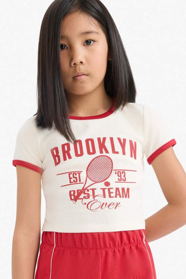 Girls' Two-Piece Set Ribbed Jersey Printed Short Sleeve T-Shirt and Elastic Waist Shorts