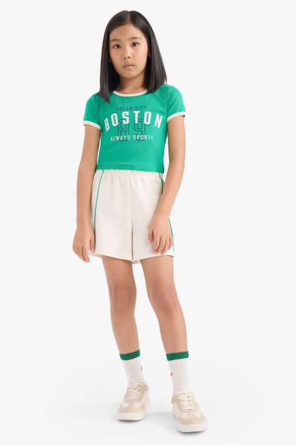Girls' 2-Piece Set Ribbed Jersey Printed Short Sleeve T-Shirt with Elastic Waist Shorts