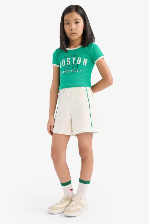 Girls' 2-Piece Set Ribbed Jersey Printed Short Sleeve T-Shirt with Elastic Waist Shorts