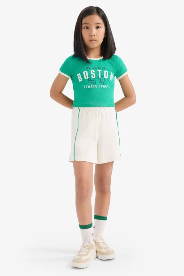 Girls' 2-Piece Set Ribbed Jersey Printed Short Sleeve T-Shirt with Elastic Waist Shorts