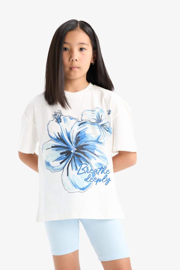 Girls' 2-Piece Set Printed Short Sleeve T-Shirt and Biker Leggings