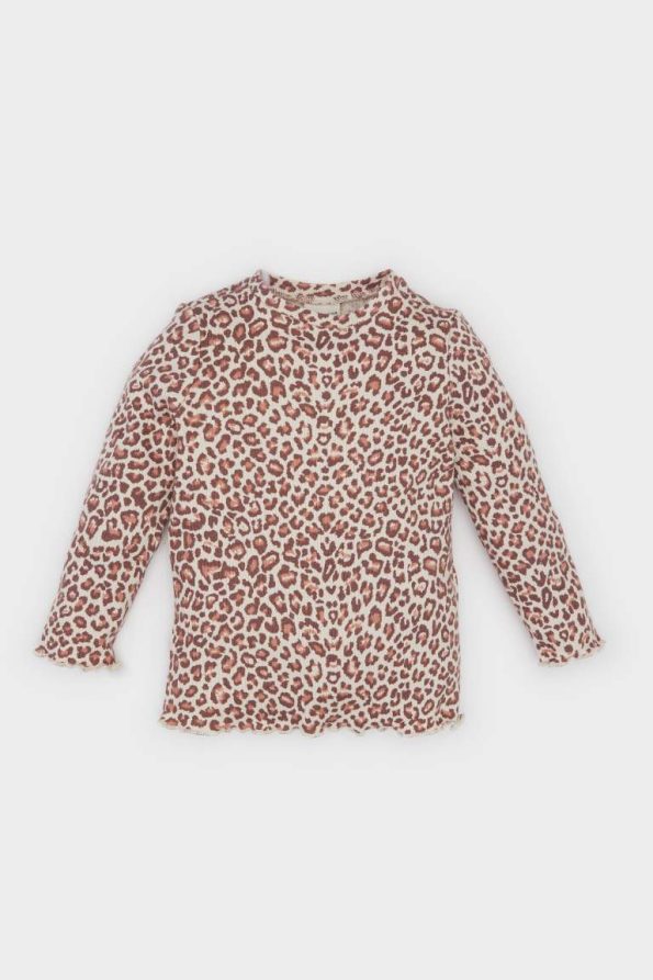 Girls' Long Sleeve Leopard Print Ribbed T-Shirt