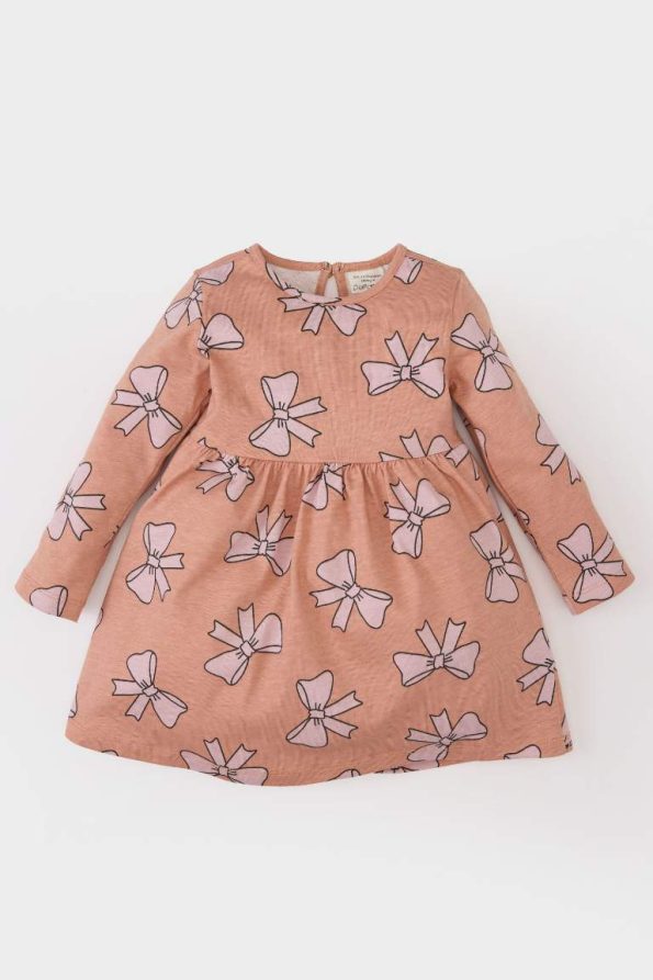 Girls' Long Sleeve Dress with Bow Pattern