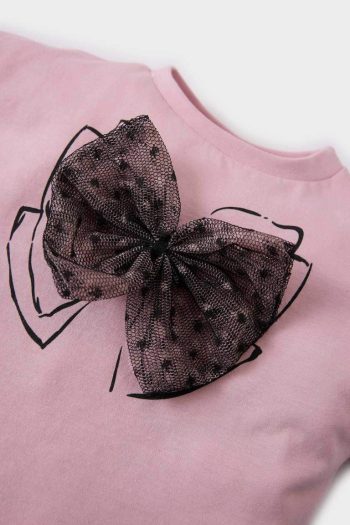 Girls' Short Sleeve T-Shirt with Bicycle Neck and Ribbon Print