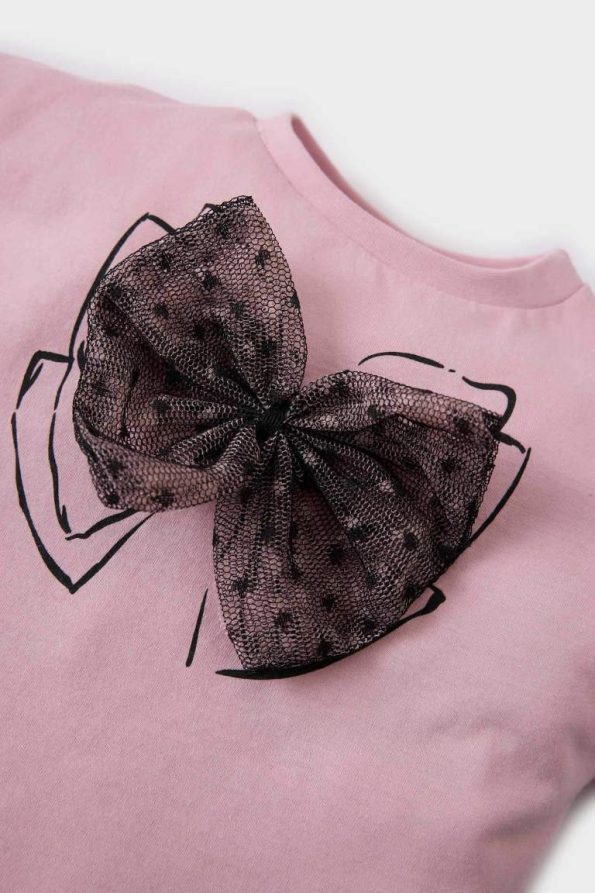 Girls' Short Sleeve T-Shirt with Bicycle Neck and Ribbon Print