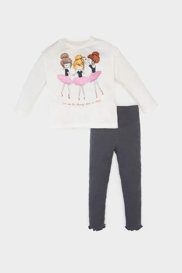 Girls' Baby 2-Piece Ballerina Print Long Sleeve Shirt with Elastic Waist Leggings
