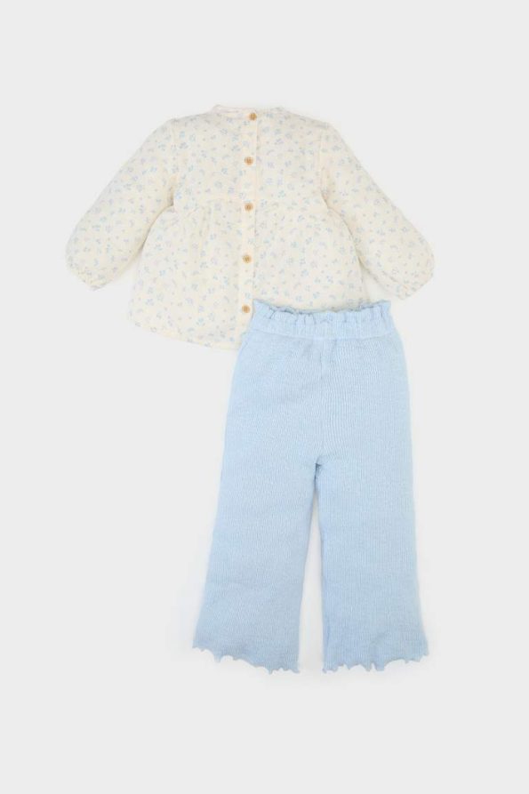 Girls' Baby 2-Piece Floral Muslin Long Sleeve Blouse and Wide Leg Pants Set