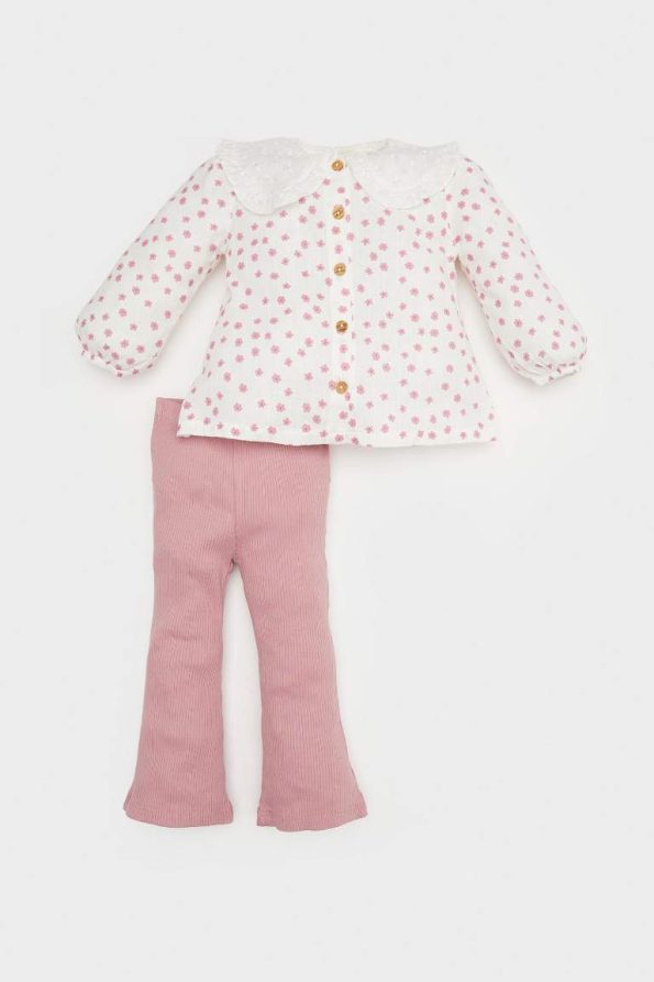 Baby Girl 2-Piece Floral Poplin Long Sleeve Shirt with Elastic Waist Pants