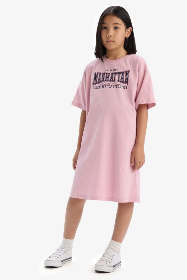 Girls' Oversized Wide Fit Printed Short Sleeve Summer Dress
