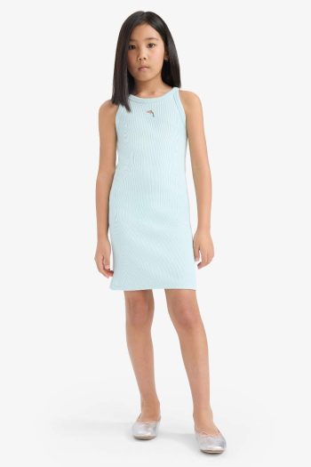 Girls' Fitted Bicycle Neck Ribbed Sleeveless Summer Dress