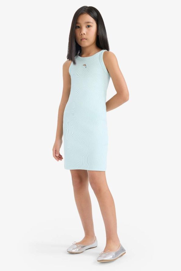 Girls' Fitted Bicycle Neck Ribbed Sleeveless Summer Dress