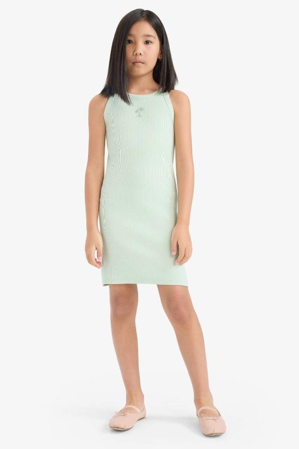 Girls' Fitted Crew Neck Ribbed Sleeveless Summer Dress