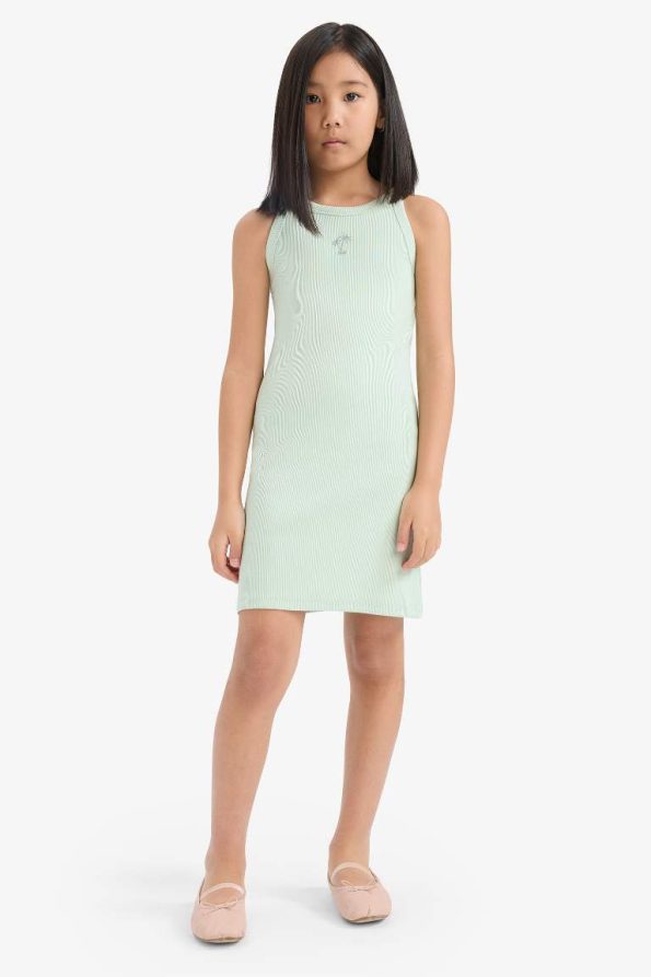 Girls' Fitted Crew Neck Ribbed Sleeveless Summer Dress