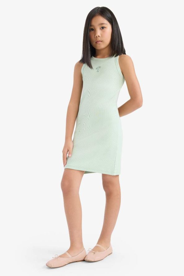Girls' Fitted Crew Neck Ribbed Sleeveless Summer Dress