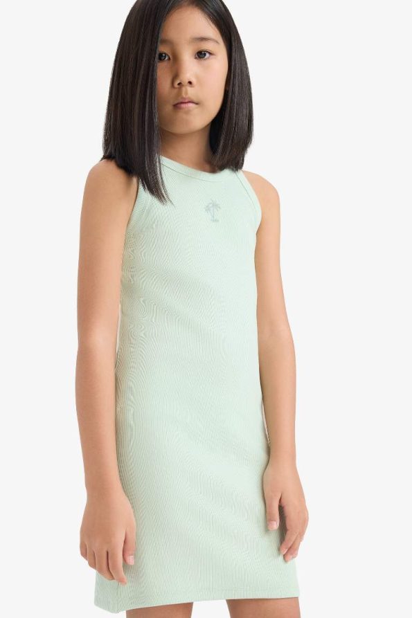 Girls' Fitted Crew Neck Ribbed Sleeveless Summer Dress