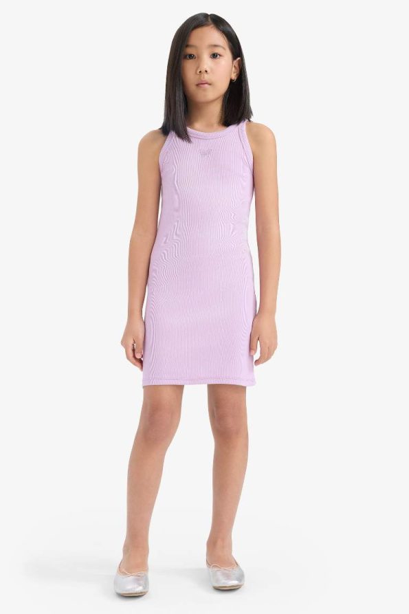 Girls' Fitted Round Neck Ribbed Sleeveless Summer Dress