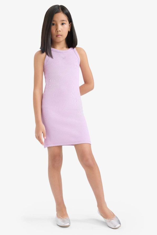 Girls' Fitted Round Neck Ribbed Sleeveless Summer Dress
