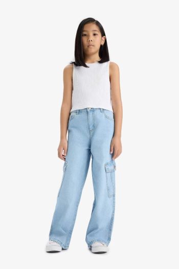 Girls' Wide Leg Cargo Denim Pants