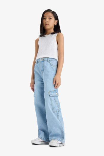 Girls' Wide Leg Cargo Denim Pants