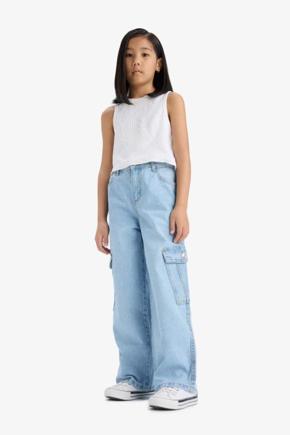 Girls' Wide Leg Cargo Denim Pants