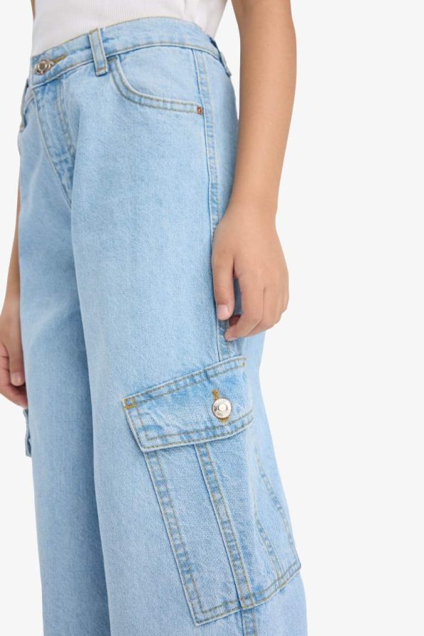 Girls' Wide Leg Cargo Denim Pants