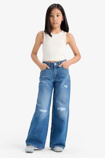 Girls' Wide Leg Ripped Detail Denim Pants
