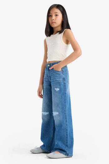 Girls' Wide Leg Ripped Detail Denim Pants
