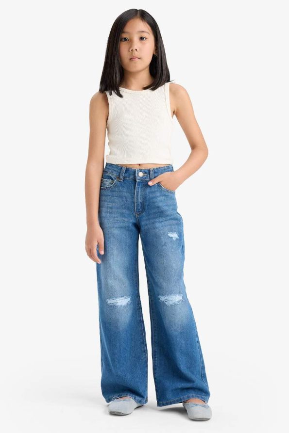 Girls' Wide Leg Ripped Detail Denim Pants