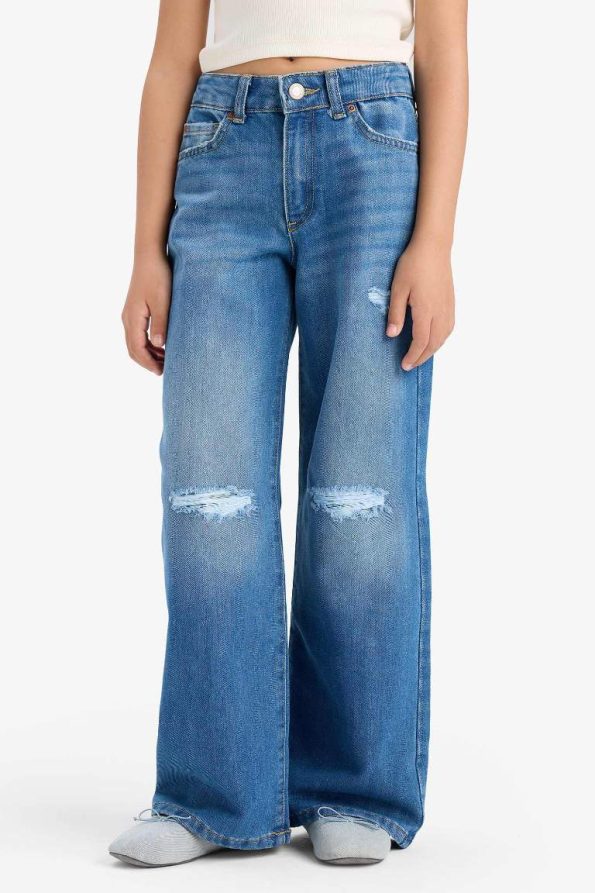 Girls' Wide Leg Ripped Detail Denim Pants