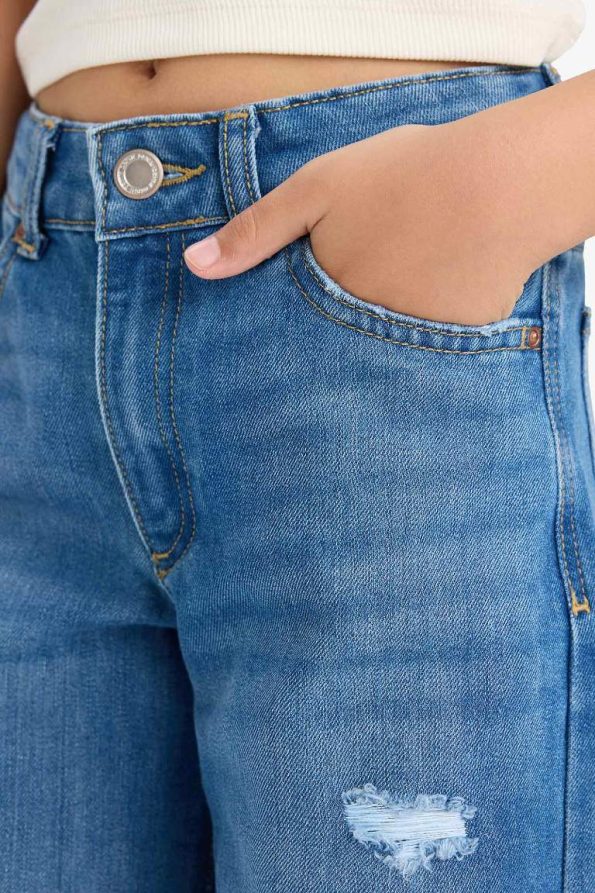 Girls' Wide Leg Ripped Detail Denim Pants