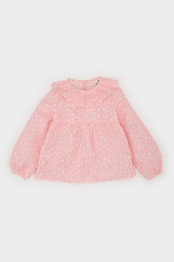 Flower Print Long Sleeve Poplin Shirt for Baby Girls
