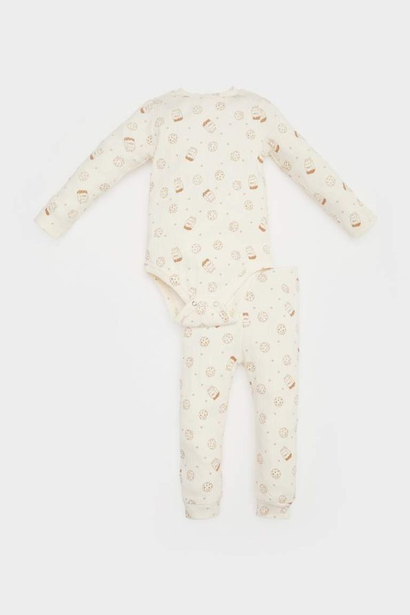 Boys' 2-Piece Ribbed Cotton Printed Long Sleeve Bodysuit with Elastic Waist Pants