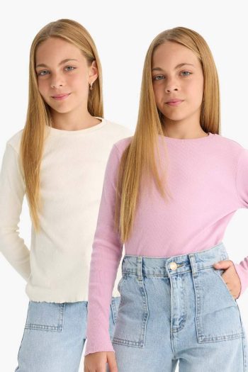 Girls' Back to School Slim Fit Long Sleeve Ribbed T-Shirt Set