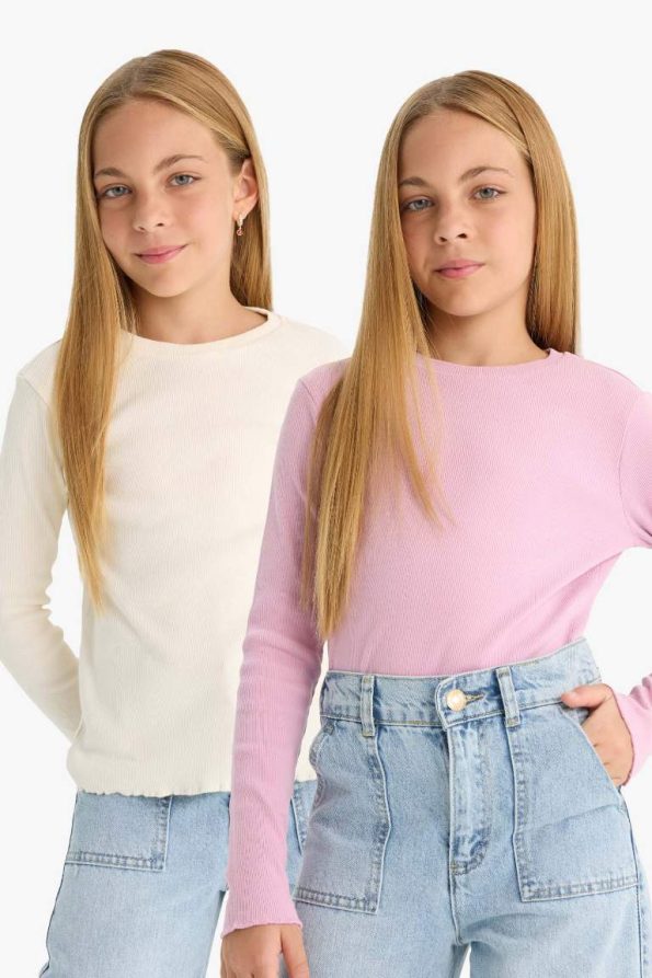 Girls' Back to School Slim Fit Long Sleeve Ribbed T-Shirt Set