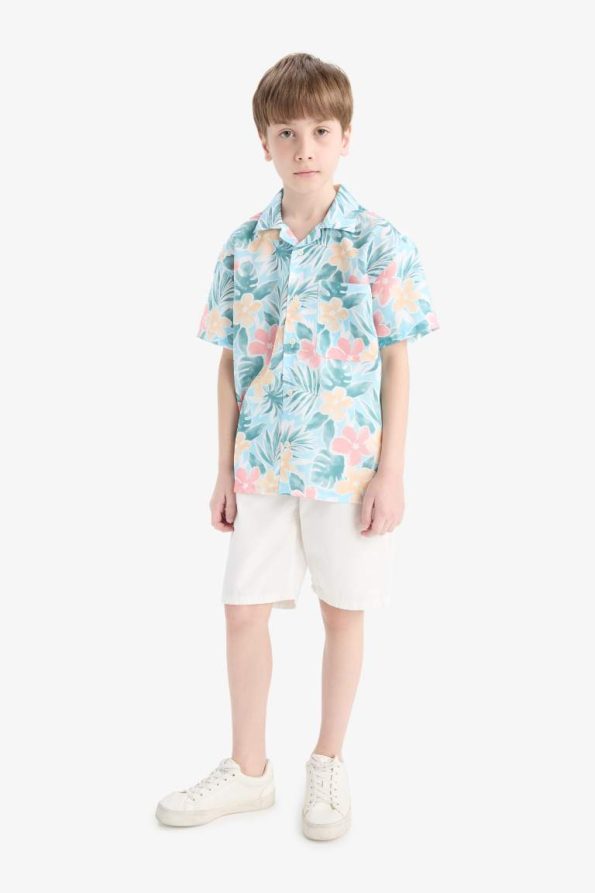 Boys' Oversized Patterned Polo Collar Cotton Short Sleeve Shirt