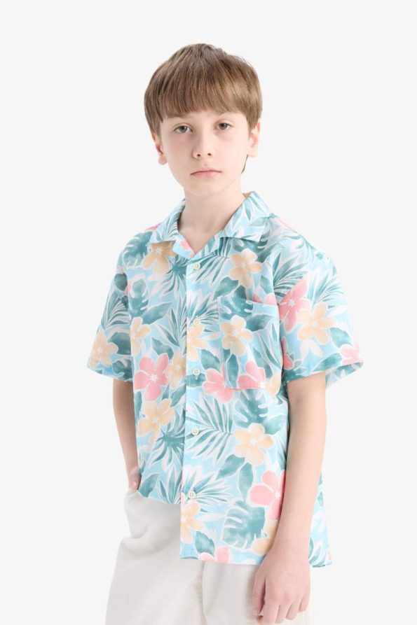 Boys' Oversized Patterned Polo Collar Cotton Short Sleeve Shirt