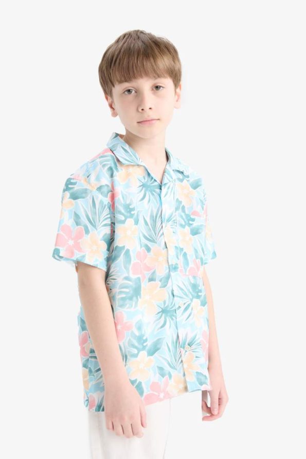 Boys' Oversized Patterned Polo Collar Cotton Short Sleeve Shirt