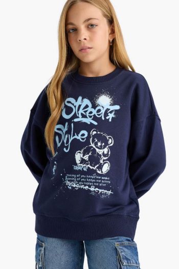Girls' Oversized Wide Fit Printed Crew Neck Sweatshirt